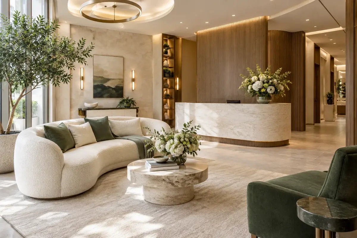 A calm reception lounge with a curved boucle sofa, travertine desk and fresh flowers at Luma Aesthetics