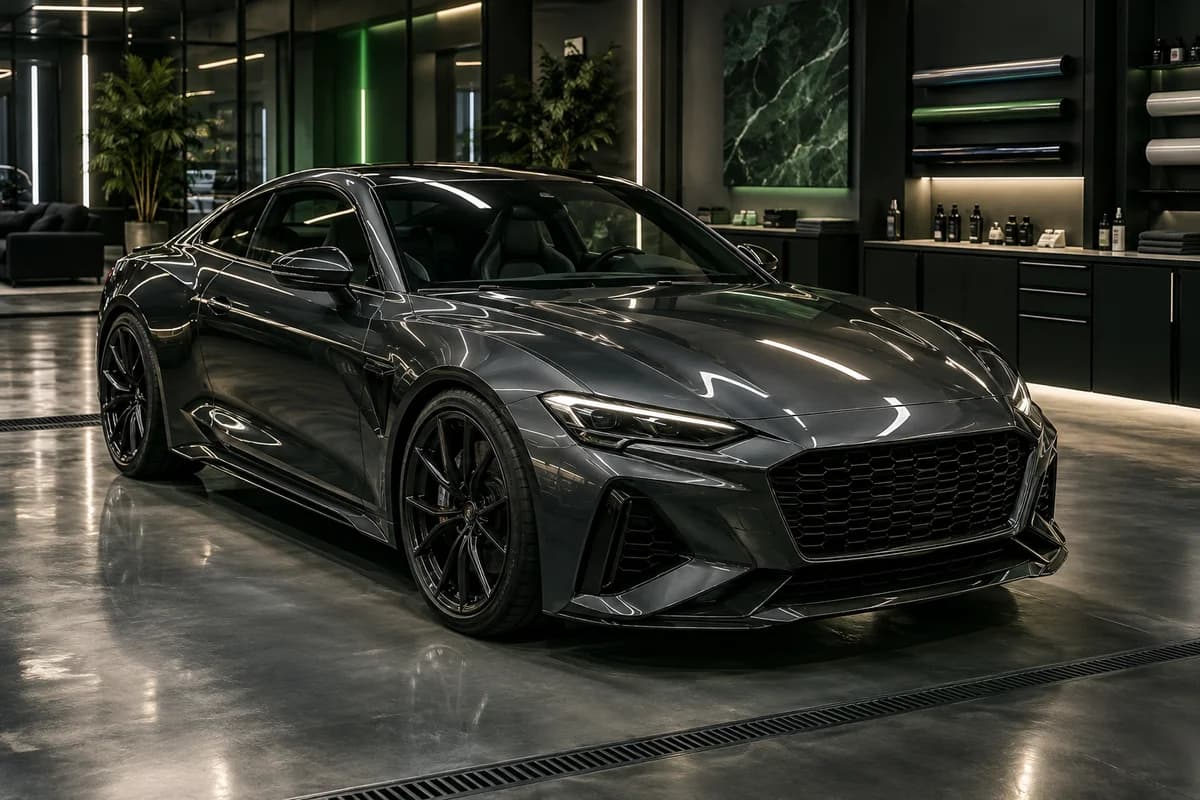 A dark gray sports car in a detailing studio at Apex Auto Atelier